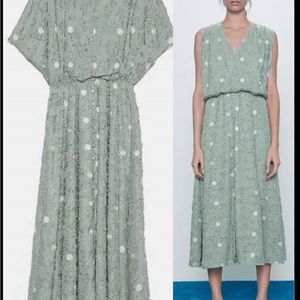 Nwt Zara Green Dots Midi Dress Queen Letizia Bloggers size M